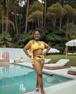 Tropical Print 4-Piece Swimsuit Set for Women | Bikini + Cover-Up + Ruffle Top + Sheer Skirt