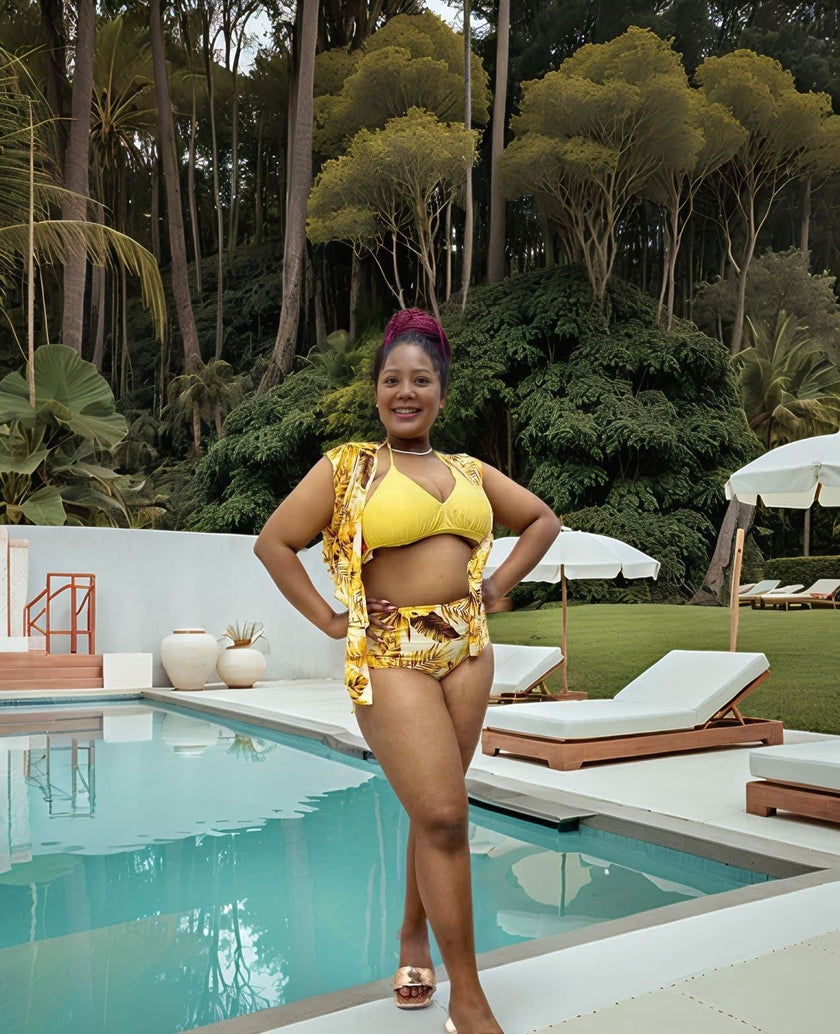 Tropical Print 4-Piece Swimsuit Set for Women | Bikini + Cover-Up + Ruffle Top + Sheer Skirt