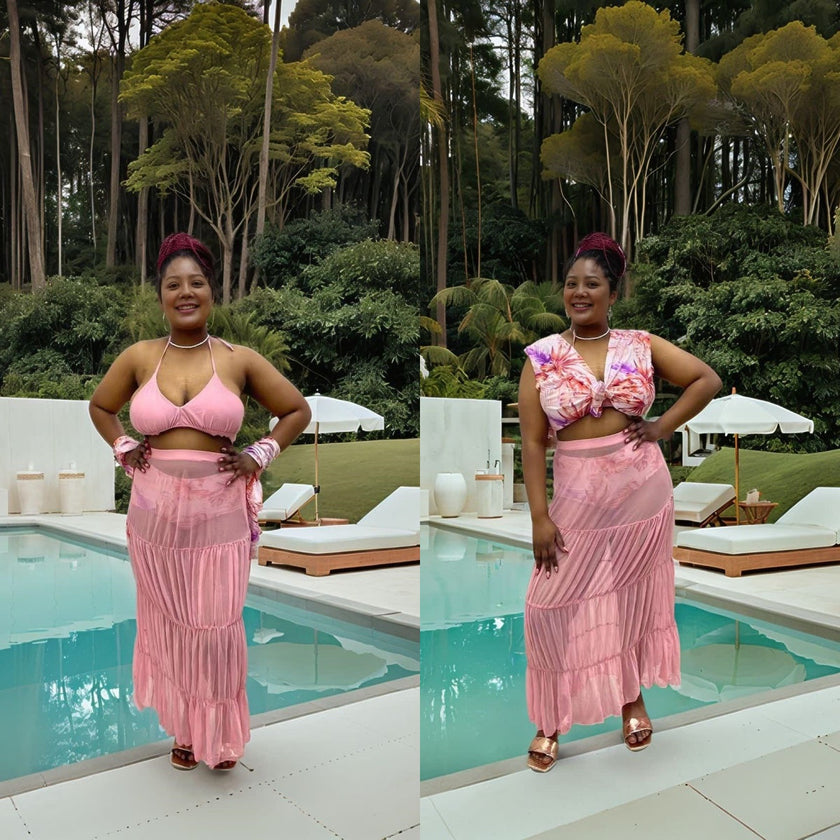 Tropical Print 4-Piece Swimsuit Set for Women | Bikini + Cover-Up + Ruffle Top + Sheer Skirt