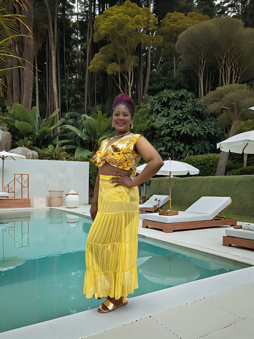 Tropical Print 4-Piece Swimsuit Set for Women | Bikini + Cover-Up + Ruffle Top + Sheer Skirt