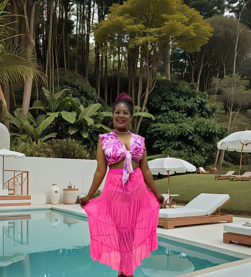 Tropical Print 4-Piece Swimsuit Set for Women | Bikini + Cover-Up + Ruffle Top + Sheer Skirt