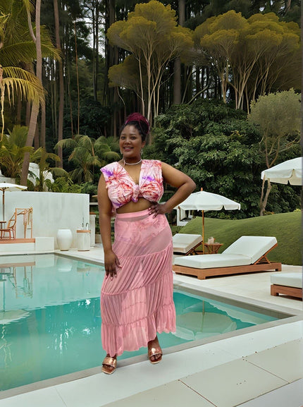 Pink printed tie-front bikini set with layered skirt cover-up