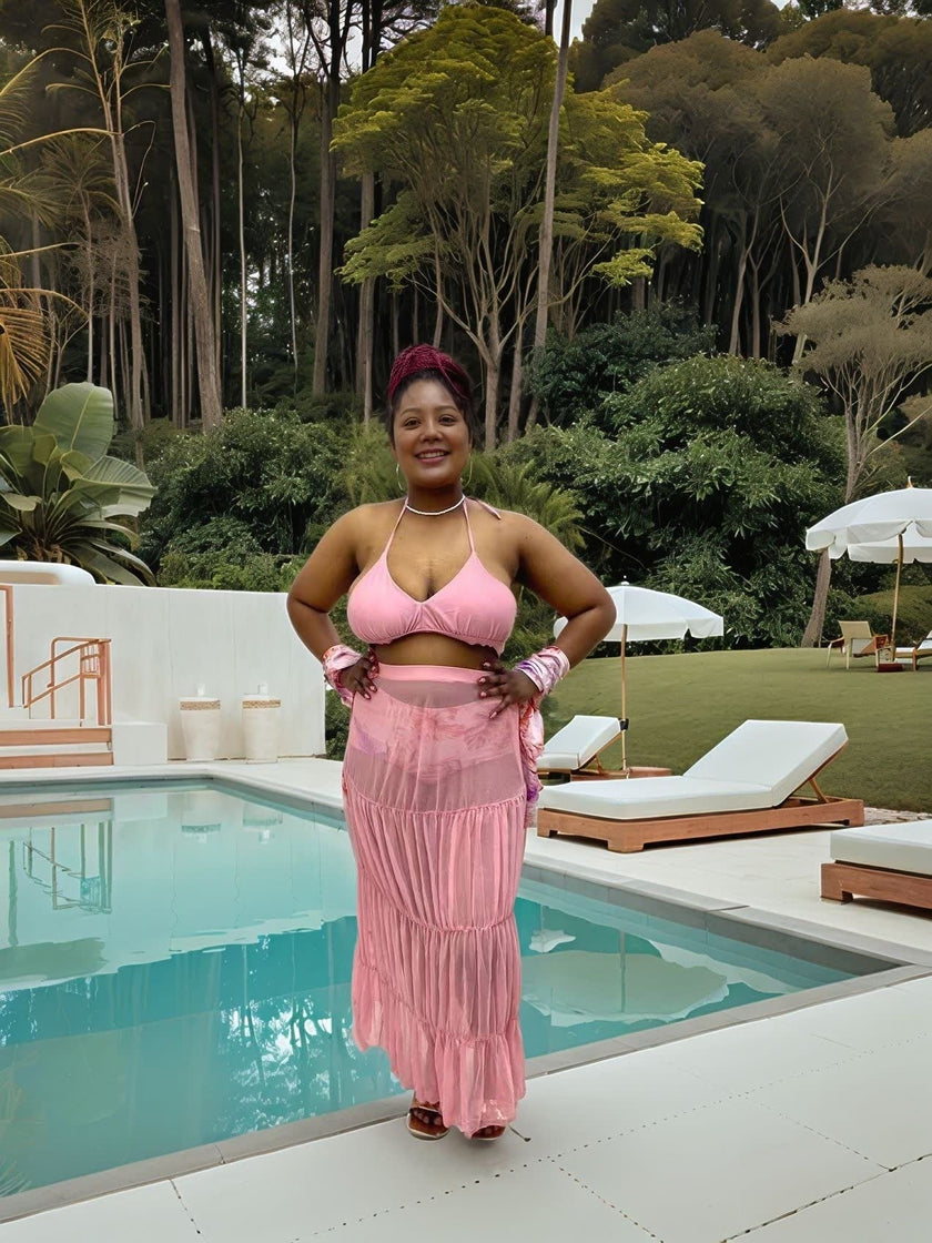 Tropical Print 4-Piece Swimsuit Set for Women | Bikini + Cover-Up + Ruffle Top + Sheer Skirt