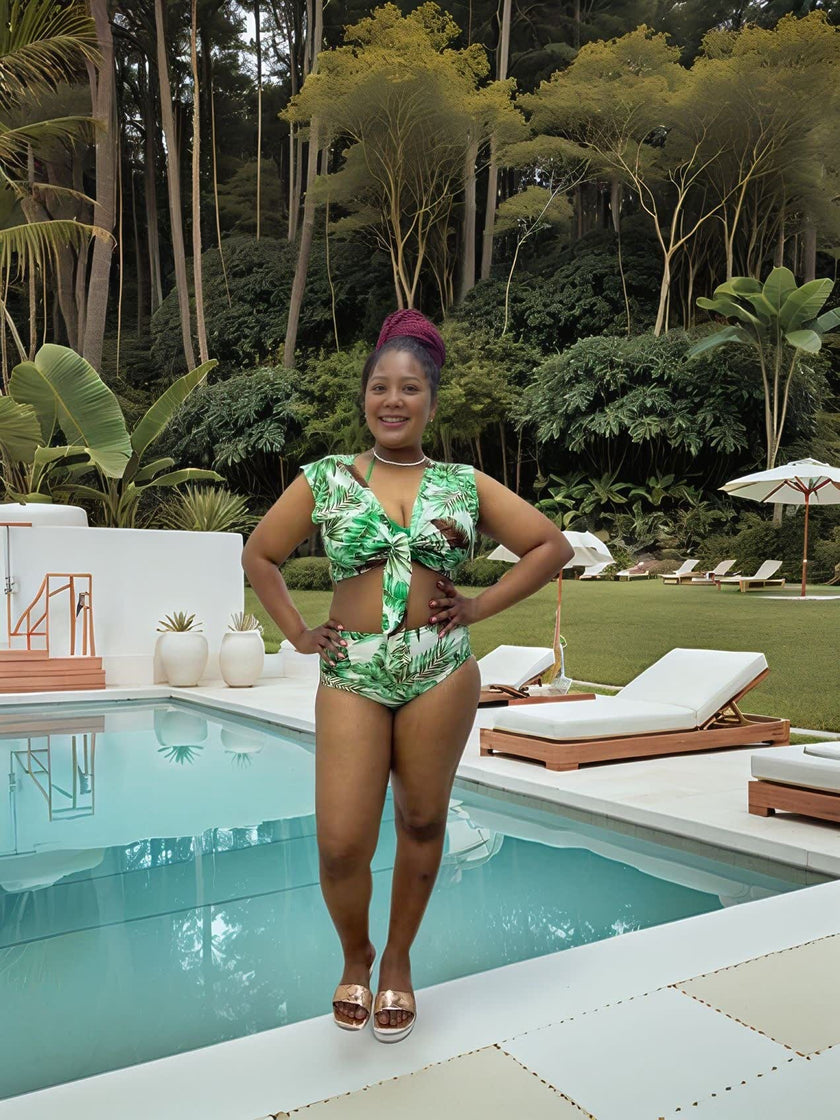 Tropical Print 4-Piece Swimsuit Set for Women | Bikini + Cover-Up + Ruffle Top + Sheer Skirt