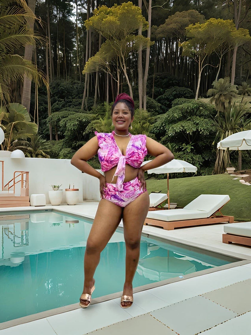 Tropical Print 4-Piece Swimsuit Set for Women | Bikini + Cover-Up + Ruffle Top + Sheer Skirt