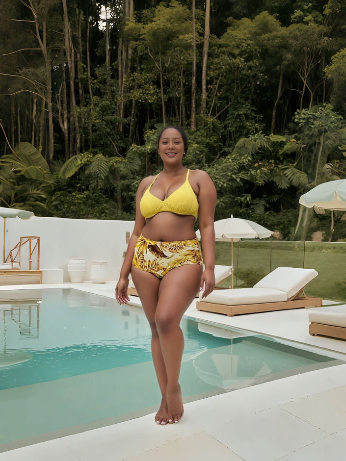 Yellow bikini set with tie-front triangle top and tropical print high-rise bottoms