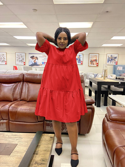 Red ruffle midi dress, loose tiered layers and short puff sleeves
