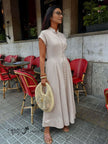 Light gray maxi dress with mandarin collar, cap sleeves, button front