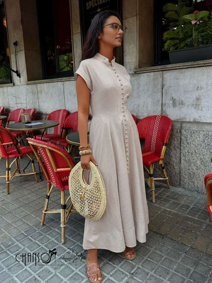 Light gray maxi dress with mandarin collar, cap sleeves, button front