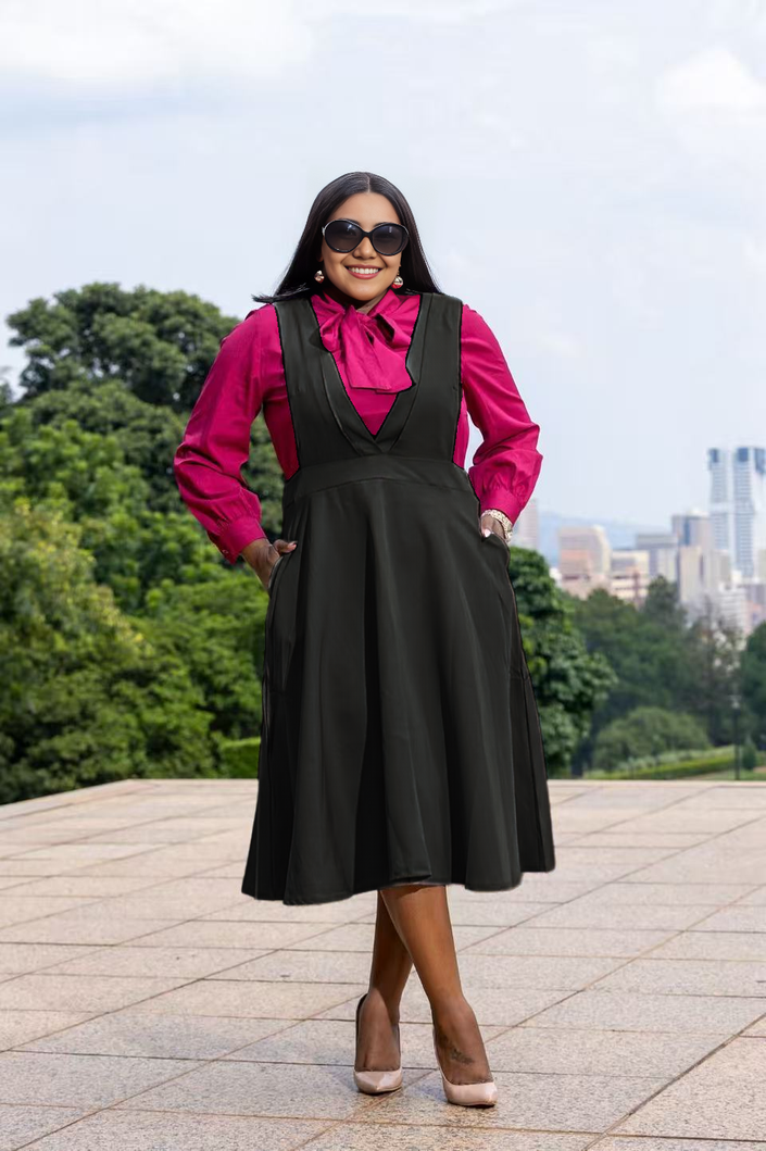 Black suspender midi dress with V-neck bodice and flared skirt