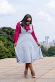 Light blue suspender midi dress with V-neck bodice and roomy A-line skirt