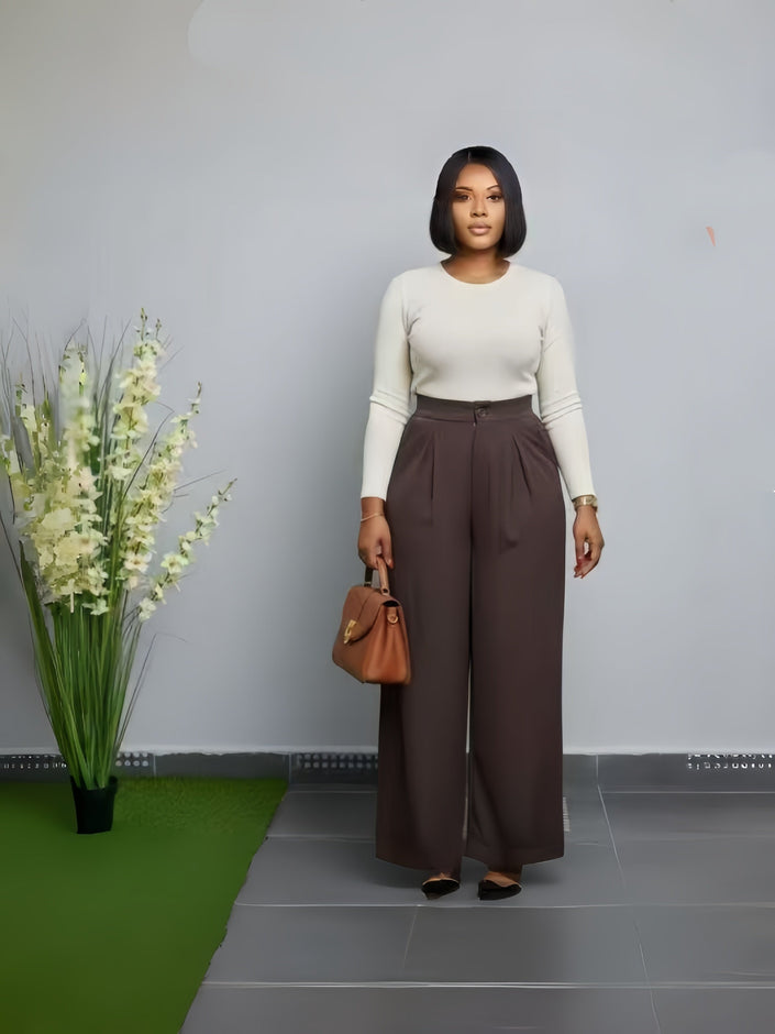 High-waist wide-leg pants in dark brown with front button and zip closure