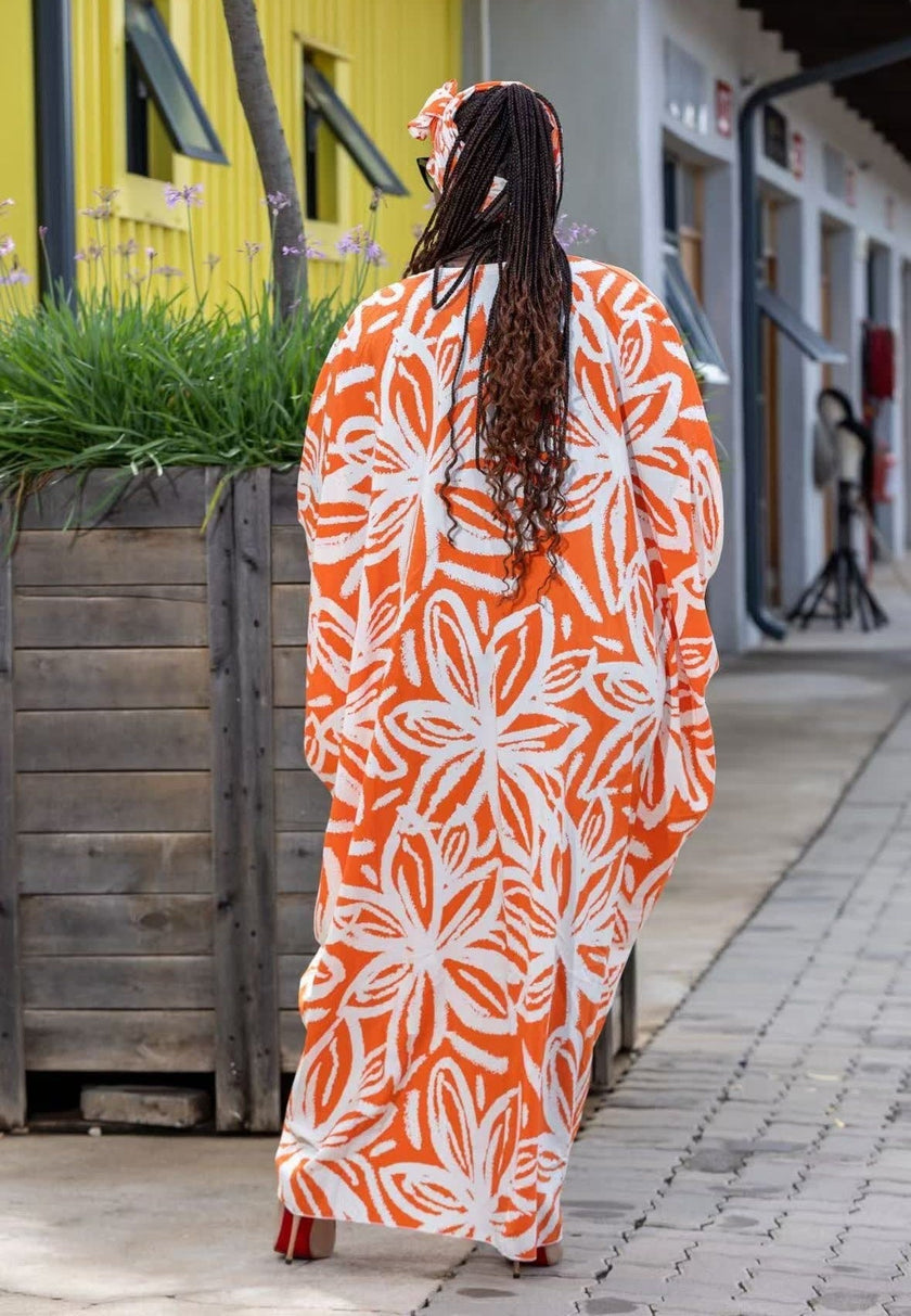 Orange and White Floral Pattern Dress, Loose Batwing Sleeve Design, Front Slit Long Dress