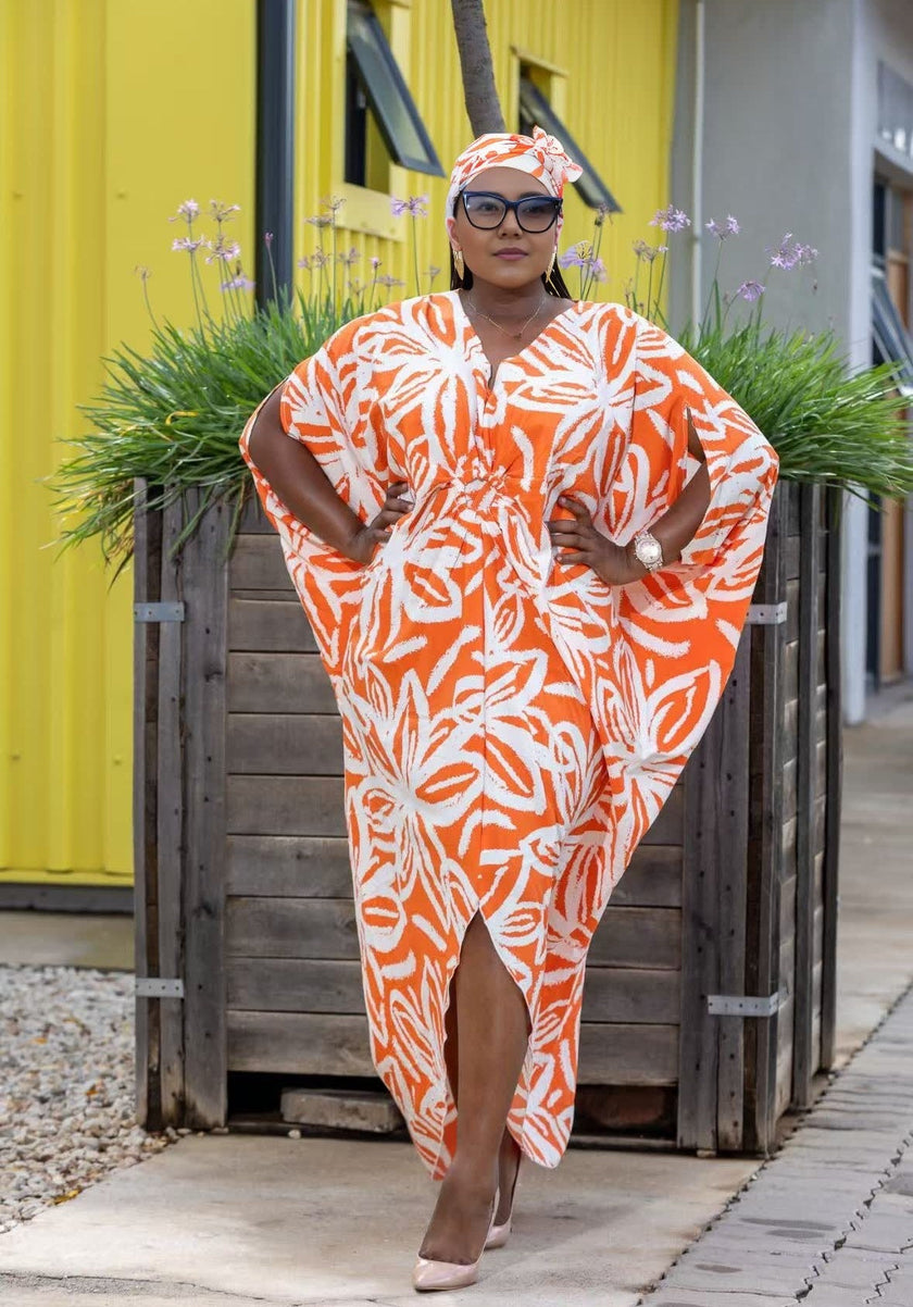 Orange and White Floral Pattern Dress, Loose Batwing Sleeve Design, Front Slit Long Dress