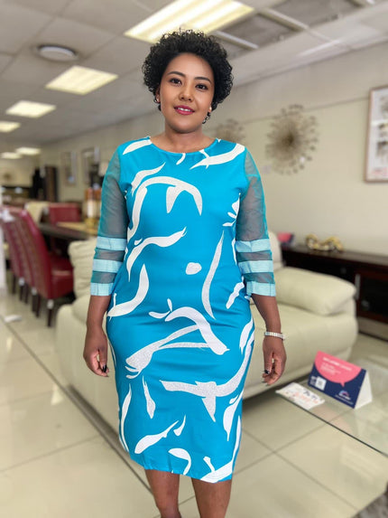 Plus size midi dress, turquoise with sheer sleeves and abstract white print