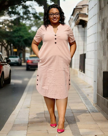 Plus size V-neck button midi dress in pink, short sleeves and front button placket