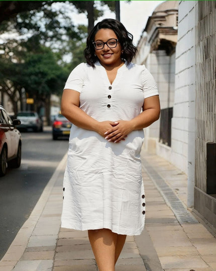 Plus size V-neck button midi dress in white, short sleeves and front button placket