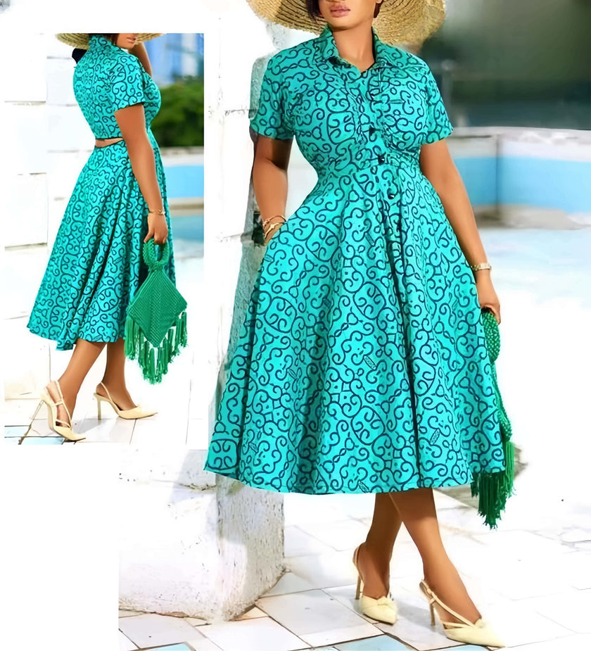 Elegant Mid-Length Flared Dress with Short Sleeves and Fitted Waist - Ideal for Social Gatherings