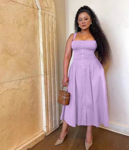 Light purple midi dress with button bodice and gathered flowing skirt, sleeveless square neck