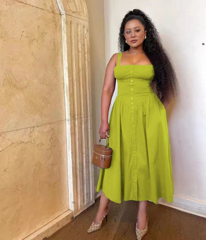 Green-yellow midi dress with button bodice and gathered flowing skirt, sleeveless square neck