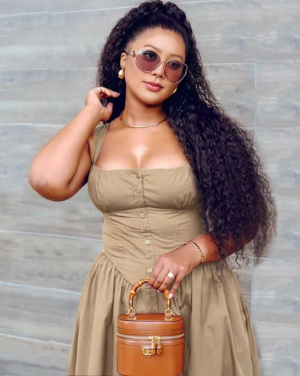 Khaki midi dress with button bodice and gathered skirt, sleeveless square neckline