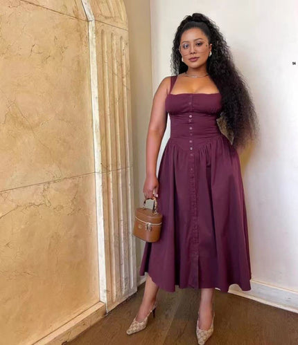 Maroon midi dress with button bodice and gathered flowing skirt, sleeveless square neck