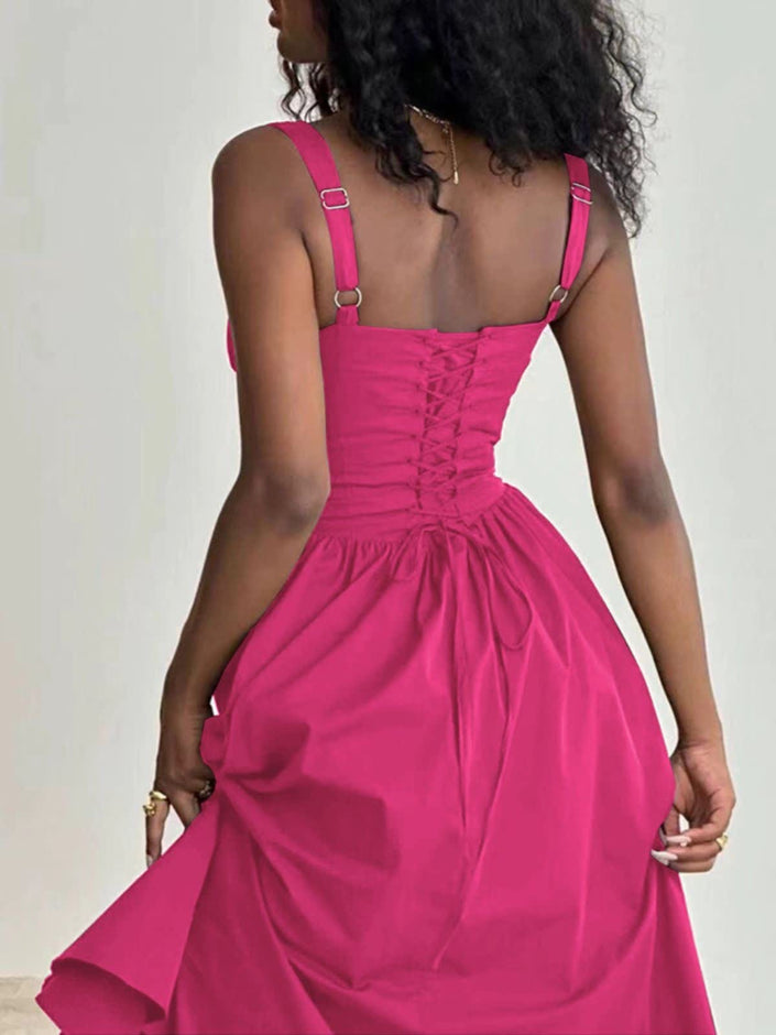 Deep-pink midi dress with buttoned bodice and gathered full skirt, sleeveless square neck