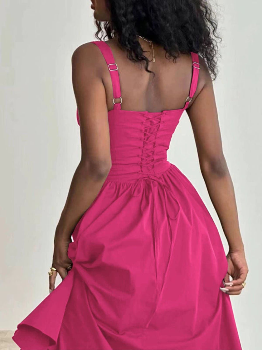 Deep-pink midi dress with buttoned bodice and gathered full skirt, sleeveless square neck