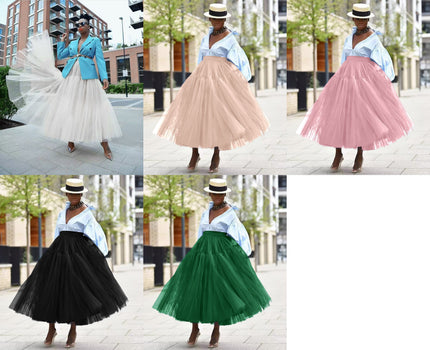 Layered tulle skirt set with voluminous black, green, pink, and white tiers