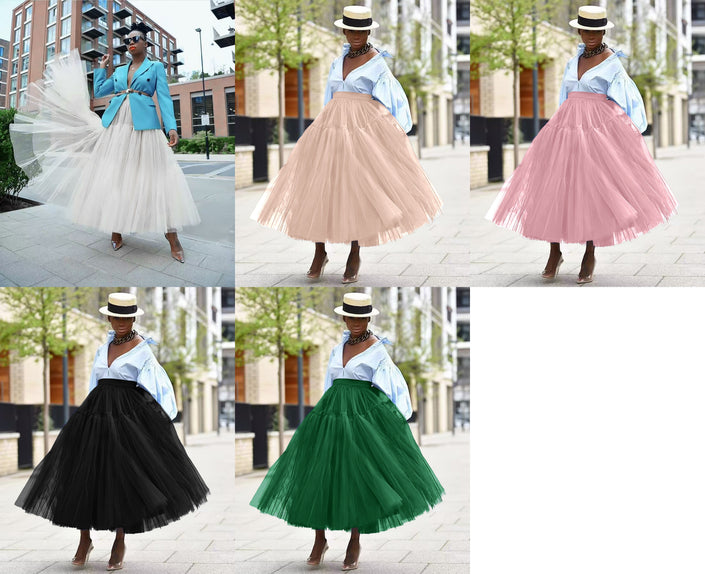Layered tulle skirt set with voluminous black, green, pink, and white tiers