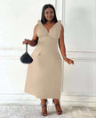 Beige V-neck sleeveless midi dress with shoulder ruffles and side pockets