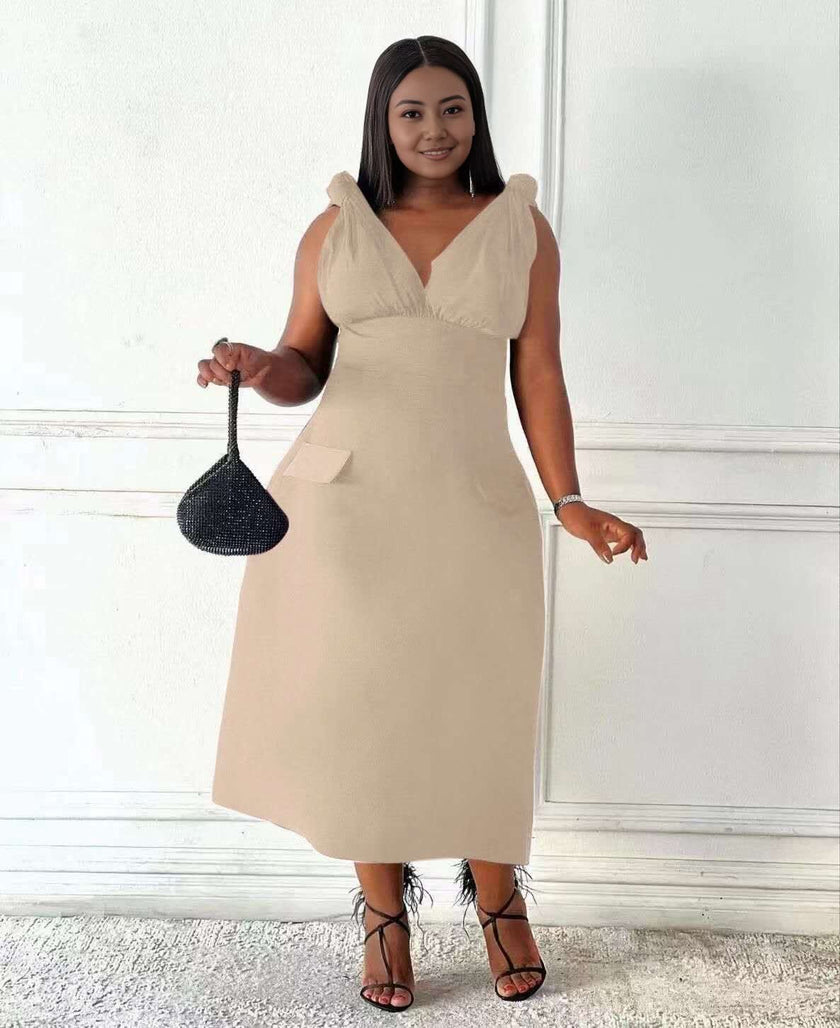 Beige V-neck sleeveless midi dress with shoulder ruffles and side pockets
