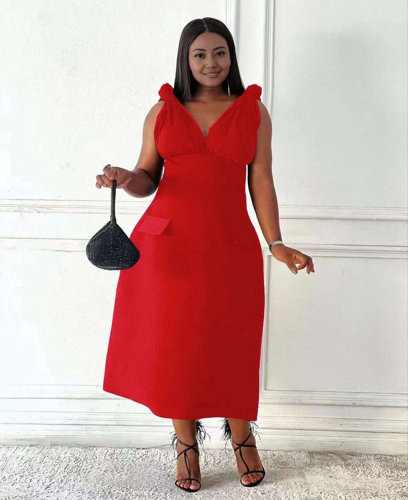 Red V-neck sleeveless midi dress with shoulder ruffles and side pockets