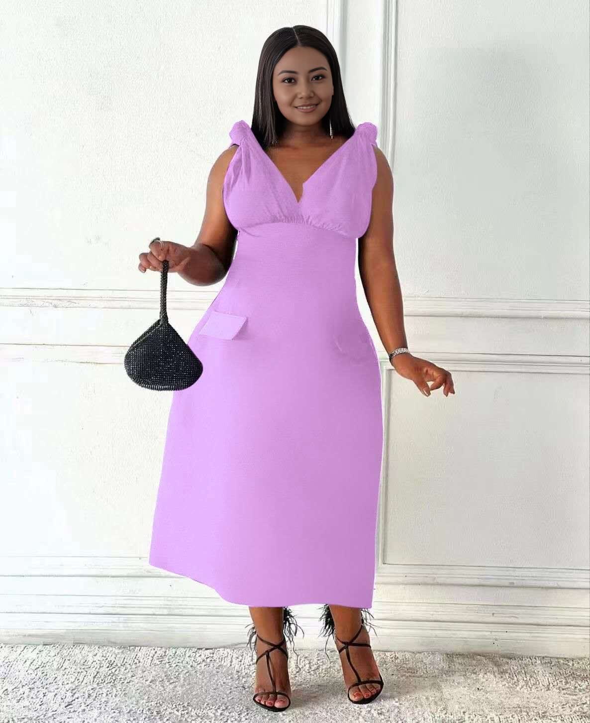 Light-purple V-neck sleeveless midi dress with shoulder ruffles and side pockets