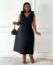 Black V-neck sleeveless midi dress with shoulder ruffles and side pockets