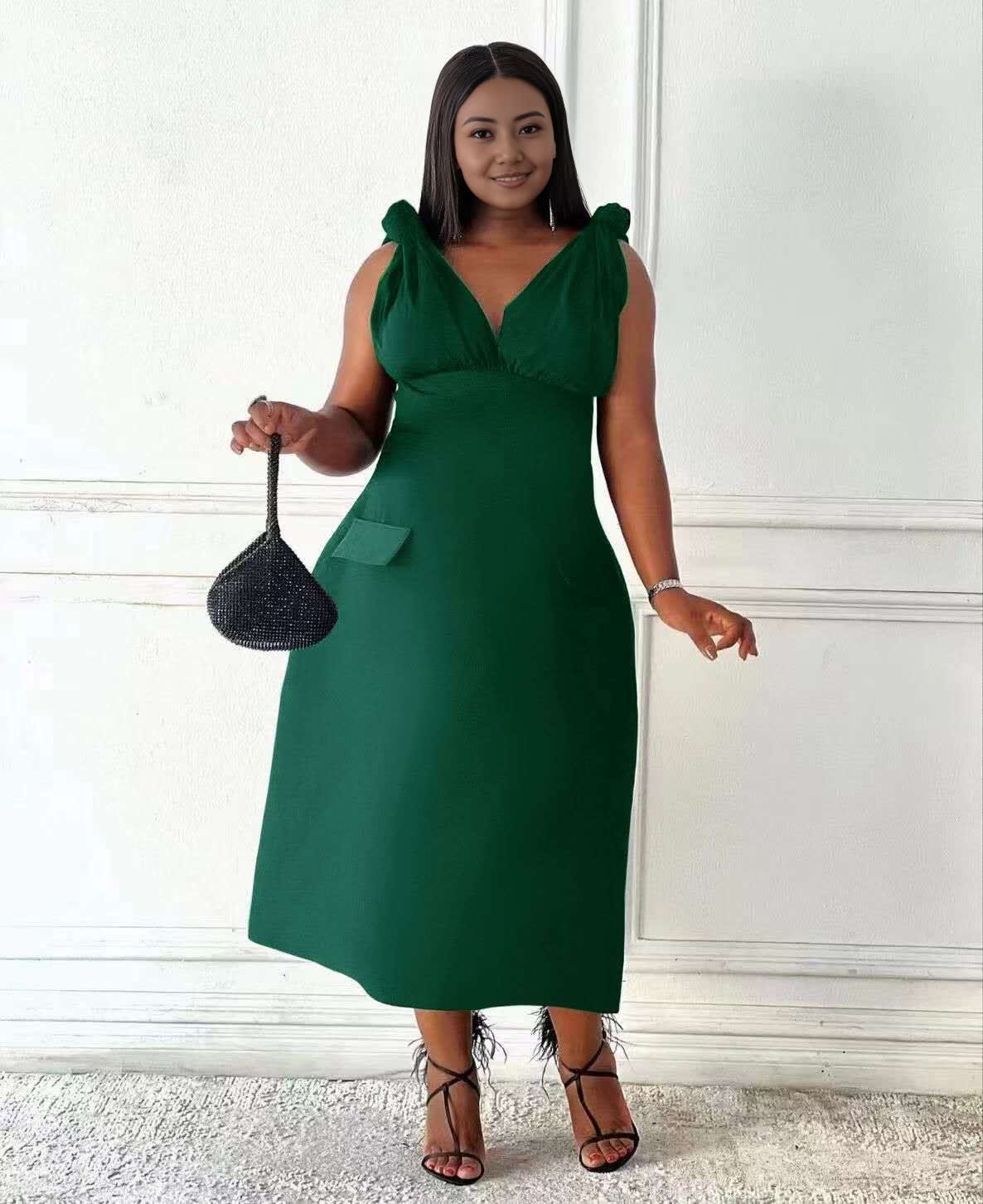 Green V-neck sleeveless midi dress with shoulder ruffles and side pockets