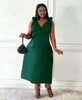 Green V-neck sleeveless midi dress with shoulder ruffles and side pockets