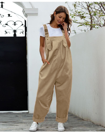 Wheat loose-fit jumpsuit with adjustable straps, front bib pocket, wide legs