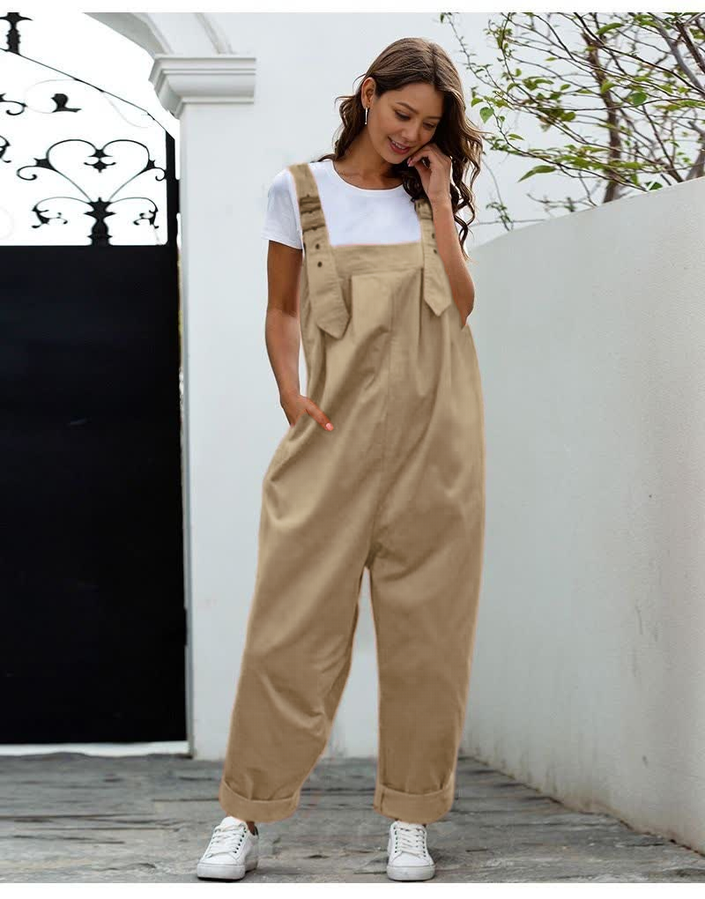 Wheat loose-fit jumpsuit with adjustable straps, front bib pocket, wide legs