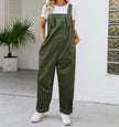 Olive-green loose-fit jumpsuit with adjustable straps and front pocket, wide legs