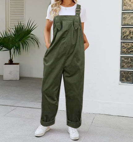 Olive-green loose-fit jumpsuit with adjustable straps and front pocket, wide legs