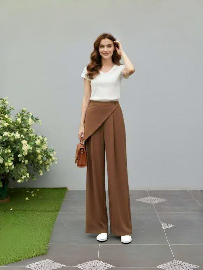 Brown wide-leg pants with asymmetric front flap detail and side seam pockets