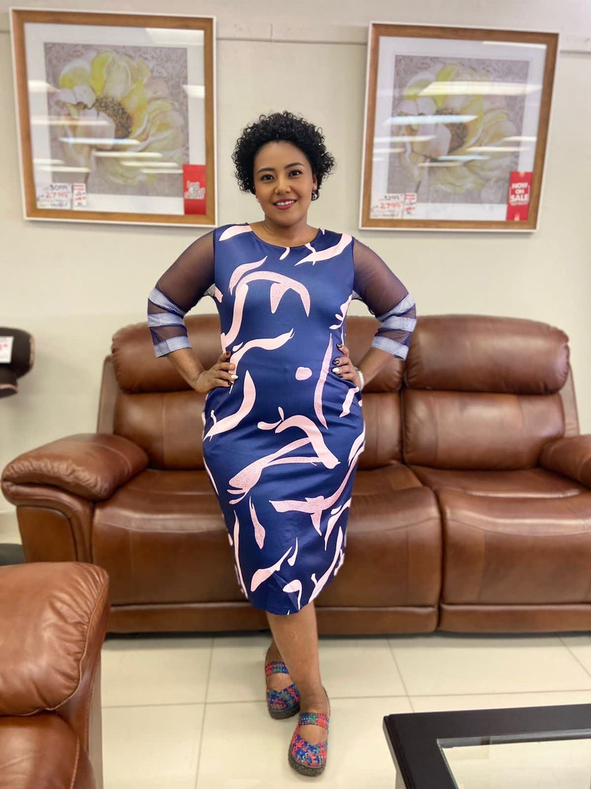 Abstract Print Knee-Length Dress with Sheer Sleeve Accents