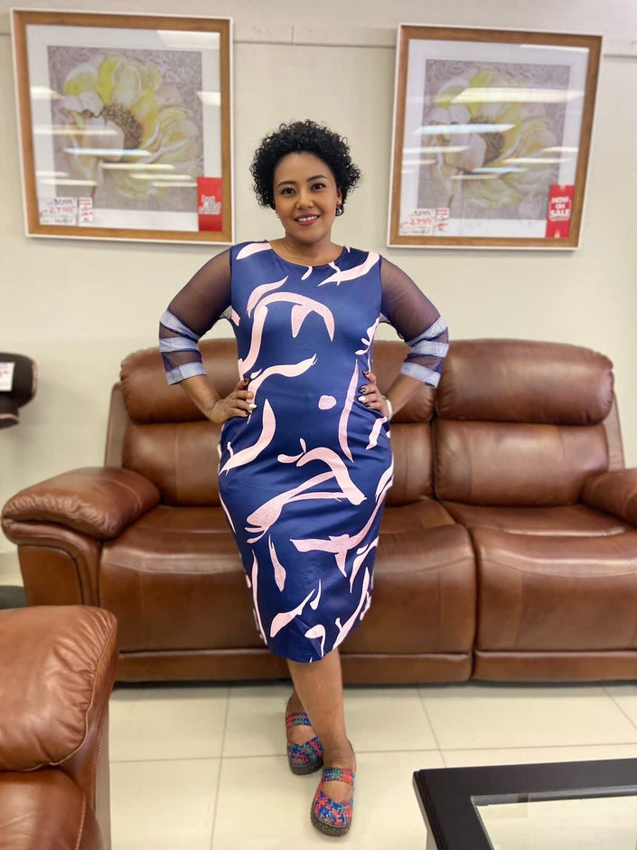 Plus size midi dress, navy with sheer sleeves and abstract white print