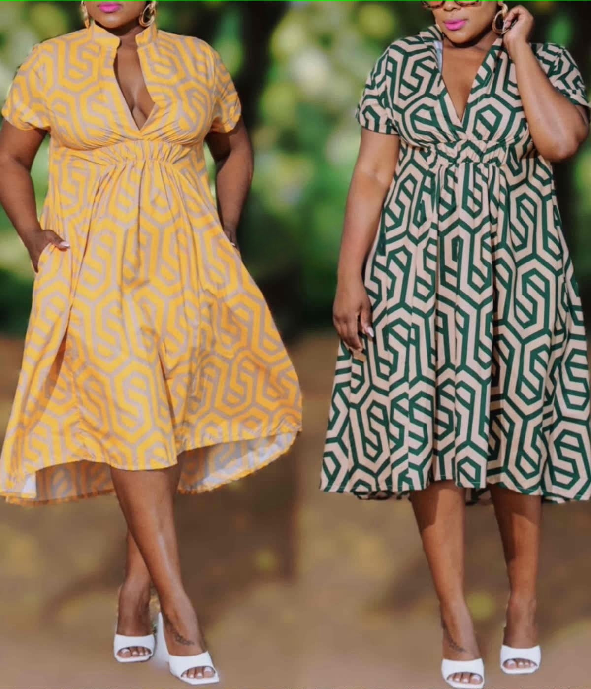 Midi Dress VNeck Knot Waist Printed