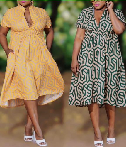 Midi Dress VNeck Knot Waist Printed