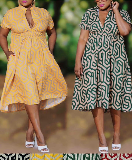 Green and yellow printed midi dresses with V-neck and knot waist, geometric pattern