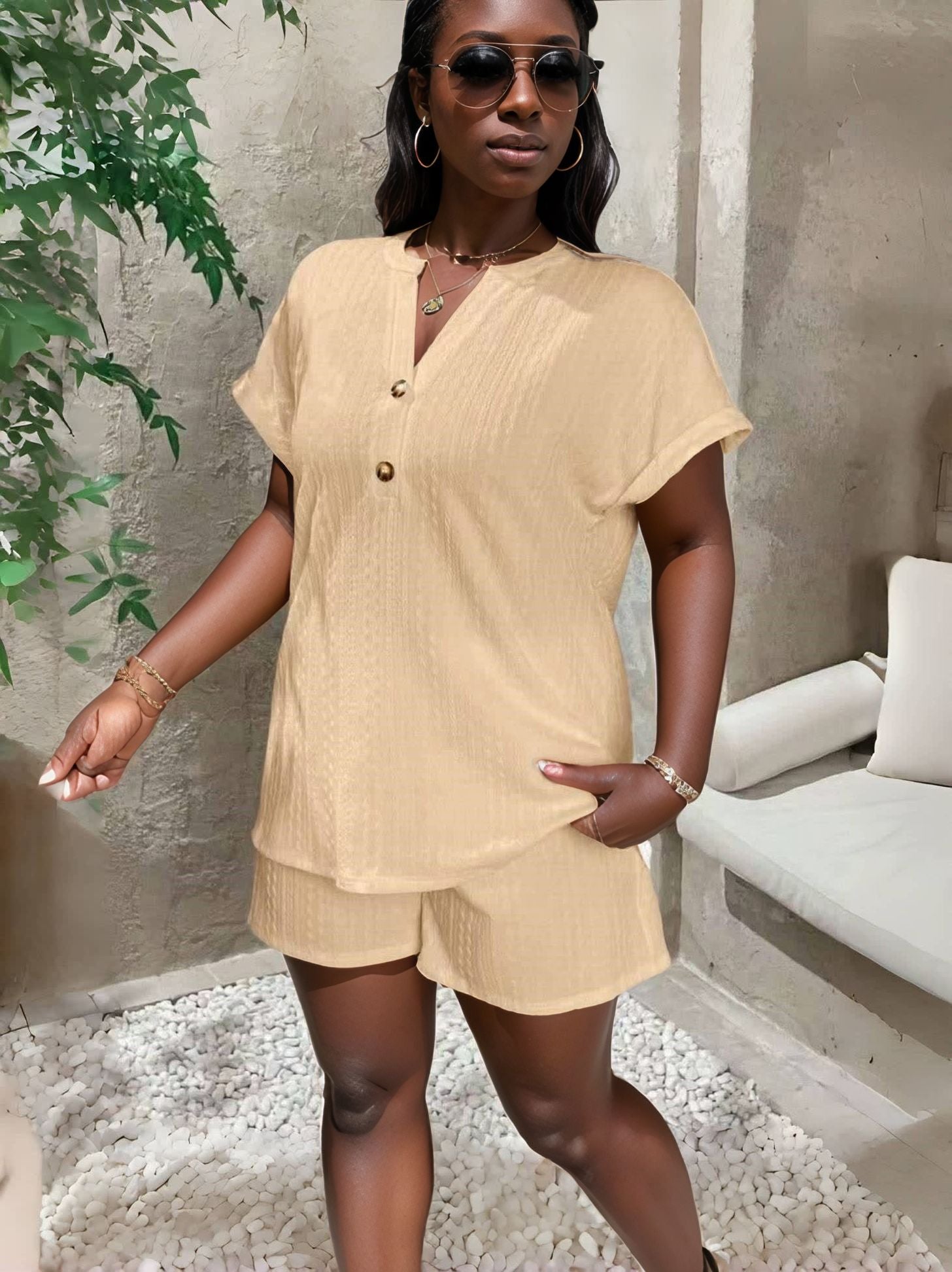 Tan button-front casual shirt and matching shorts set, short sleeves, relaxed fit