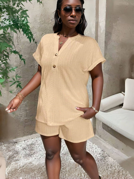 Tan button-front casual shirt and matching shorts set, short sleeves, relaxed fit