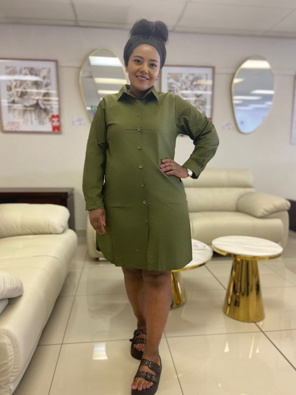 Long sleeve shirt dress in olive green, button front and collar, knee length